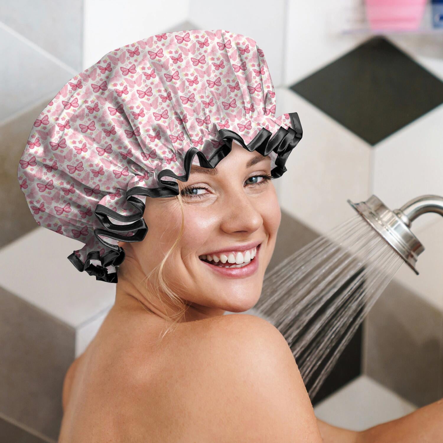 Shower Caps,Light Pink Butterfly Pattern Waterproof Shower Cap for Women 4 Pieces,Double Reusable Hair Cover for Shower PEVA Elastic Stretch Hem