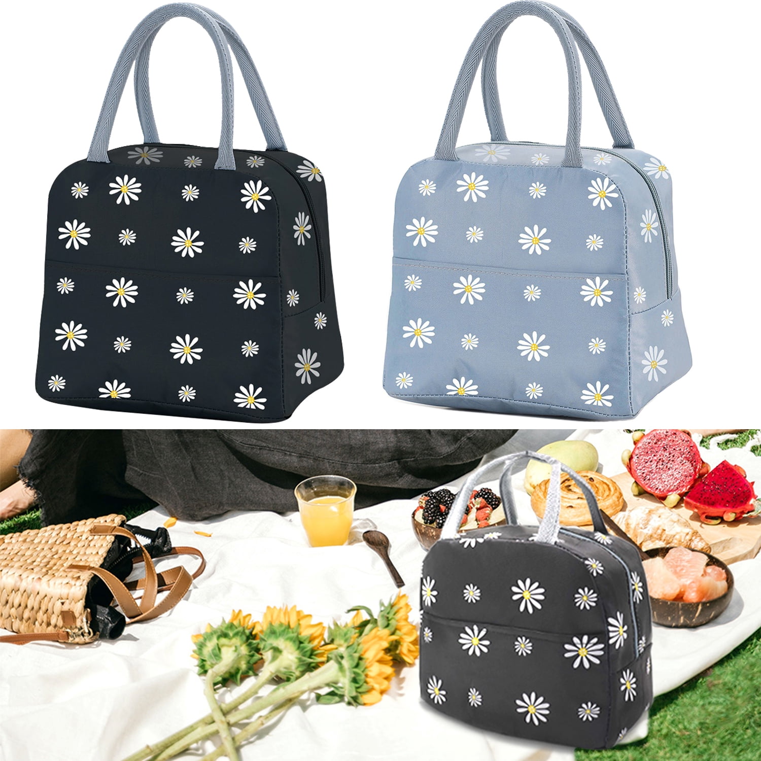Floral Lunch Bag for Women Girls Work School, Cute Daisy Insulated