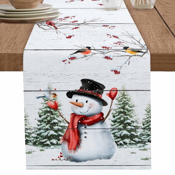 nqOlkjepod Snowman Christmas Table Runner 48 Inches Long Farmhouse Dress Scarves, Xmas Tree Snowflake Birds Branches Wooden Dining Tablerunner for Coffee Table/Kitchen Island/Party Décor, 13" x 48"