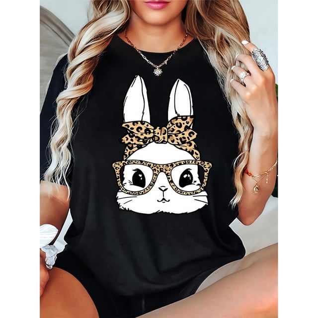 T-Shirt Graphique Mignon Lapin pour Femmes - Noir avec Imprimé Léopard Bandeau Détail, Col Rond Décontracté Manches Courtes, Cadeau Parfait de Pâques, Haut Toutes Saisons Tee-Shirt Graphique Amusant Tissu Brillant
