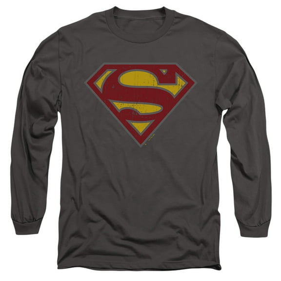 Superman - Logo Distressed Unisex Adult Long-Sleeve T Shirt,Charcoal, Small