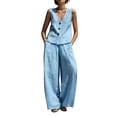thumbnail image 2 of Womens 2 Piece Linen Set V-Neck Button Vest & High Waist Wide Leg Pants Casual Vacation Outfits Sky Blue M, 2 of 5