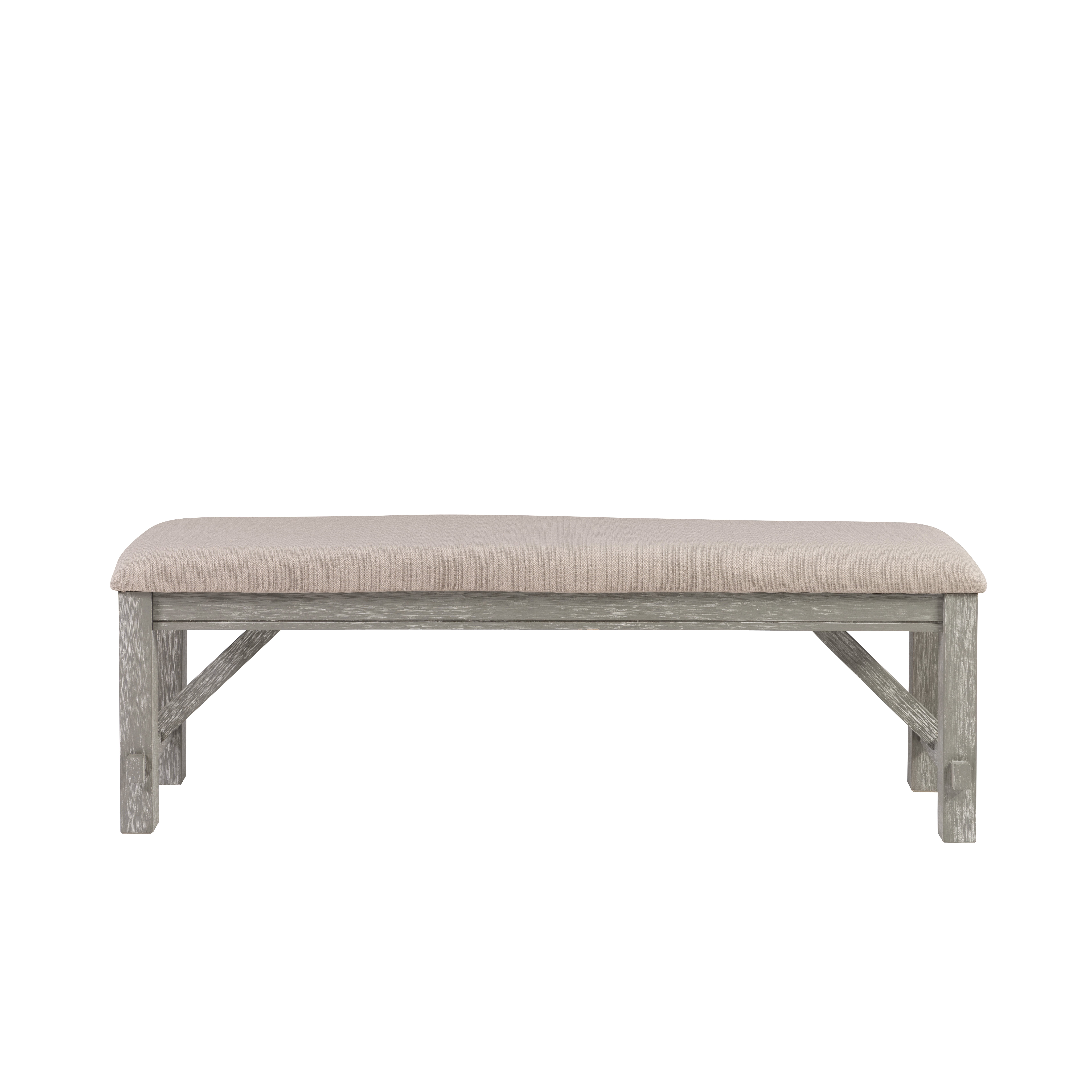 Correll Farmhouse Dining Bench, Weathered Gray Base with Tan Fabric