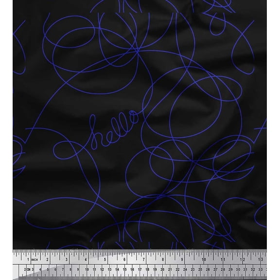 Soimoi Black Silk Fabric Hello Text & Thread Art & Craft Decor Fabric Printed Yard 42 Inch Wide