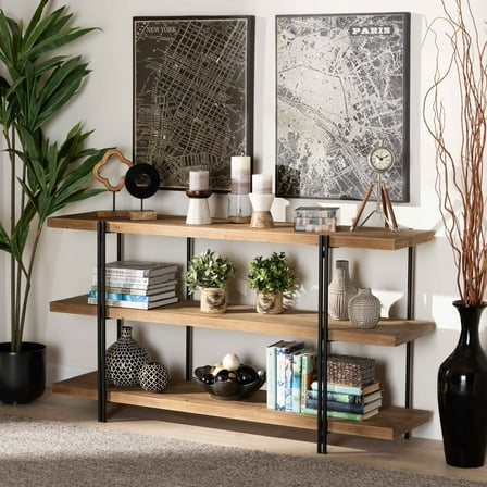 Modern Console Table with Shelves - Brown Wood & Black Metal - Entryway Sofa Table - 60" Wide