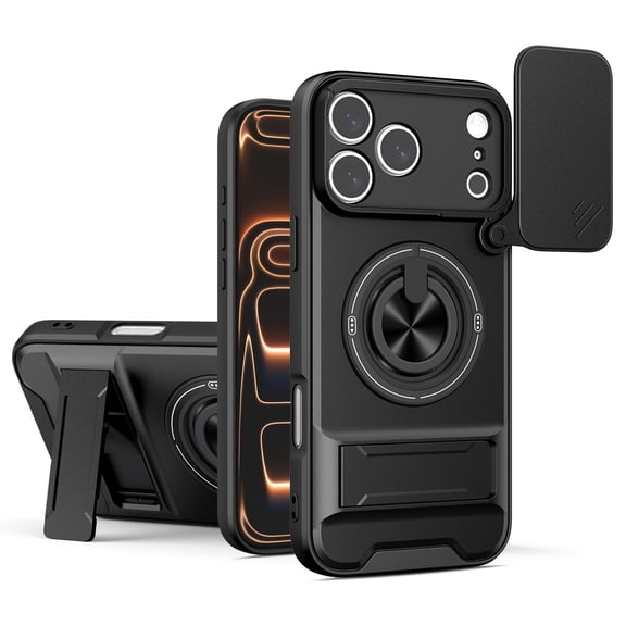 for iPhone 17 Pro Max case with 360° Rotation Magnetic Ring Compatible with MagSafe Sliding Camera Cover Foldable Stand Military-Grade Shockproof Protective Case, Black