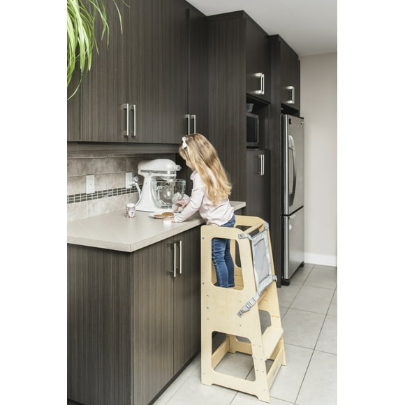 TREASURE KIDS Wooden Learning Tower for Toddlers 2 in 1 - Montessori Height Adjustable Standing Platform Children Standing Tower- Whiteboard – Kitchen Helper Step Stool Safety Net- Natural wood