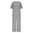 thumbnail image 3 of Fmbrln Womens Plus Size Linen 2 Piece Sets Summer Casual V Neck Short Sleeve Tops and Drawstring Elastic Waist Wide Leg Pants Sets Lounge Outfits Gray 3XL, 3 of 5