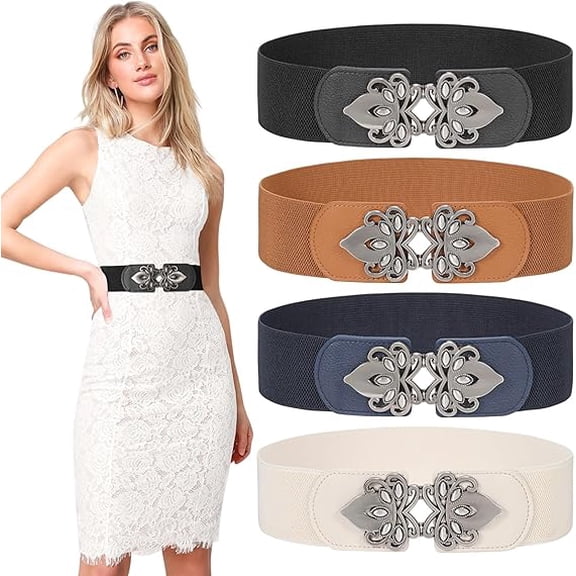 4 Pack Women Wide Elastic Waist Belt for Dress Plus Size Vintage Stretch Cinch Belt Retro Buckle 2.36" Width