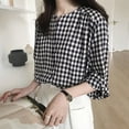 thumbnail image 2 of Women's Long Sleeve Round Neck Plaid Shirt Blouse Tops, 2 of 3