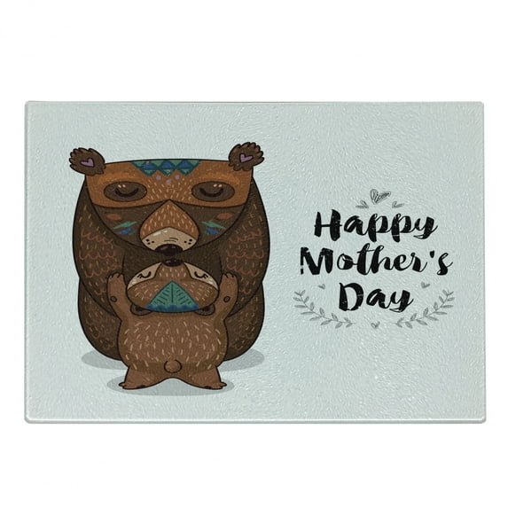 Saying Cutting Board, Happy Mothers Day Greeting with Cartoon Style Mom and Bears Hugging, Decorative Tempered Glass Cutting and Serving Board, Small Size, Black Brown Teal, by Ambesonne