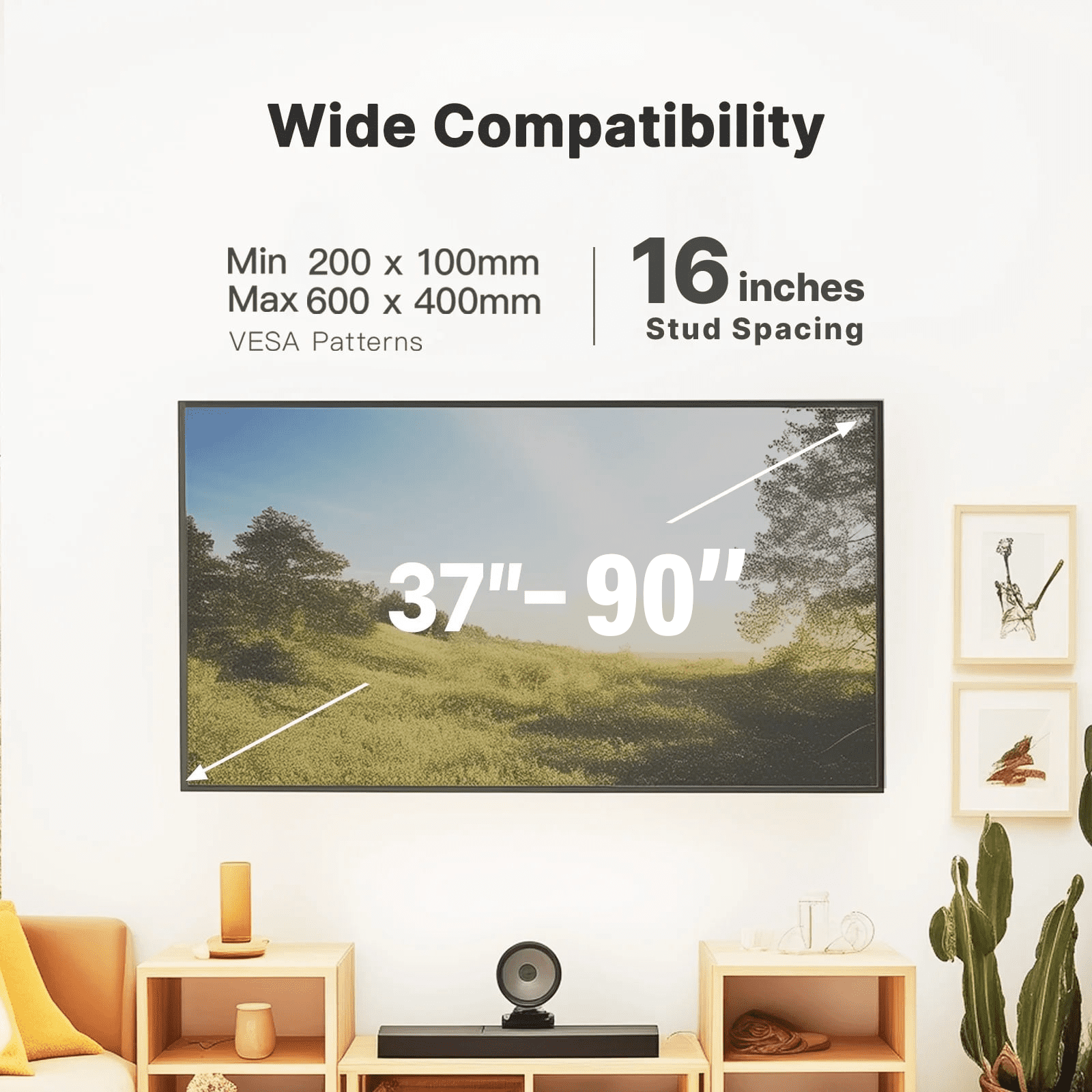 MountFTV Full Motion TV Wall Mount Bracket for 37"-90" TVs, Holds up to 132 lbs, Max 600x400mm, Fits 8″/12″/16″ Wood Studs