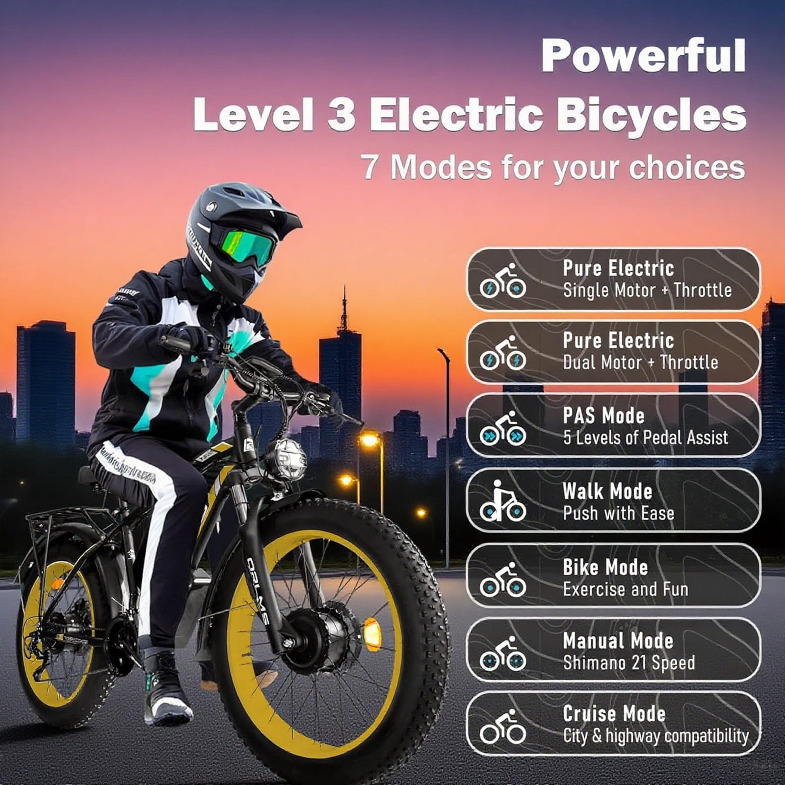 5000W Peak Dual Motor AWD Electric Bike, 60V 25AH 21-Speeds 45MPH 26" Fat Tire Mountain Snow E Dirt Bicycle