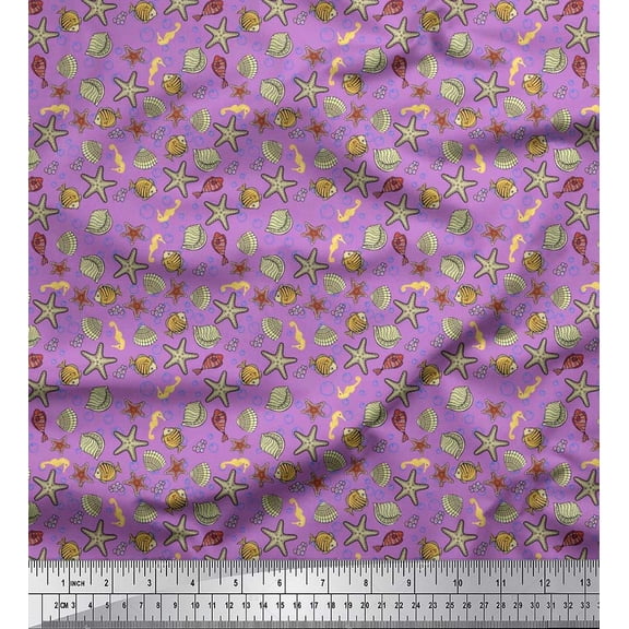 Soimoi Poly Georgette Fabric Seashell,Starfish & Sea Horse Ocean Print Fabric by Yard 42 Inch Wide
