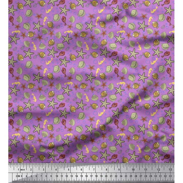 Soimoi Moss Georgette Fabric Seashell,Starfish & Sea Horse Ocean Fabric Prints by Yard 42 Inch Wide