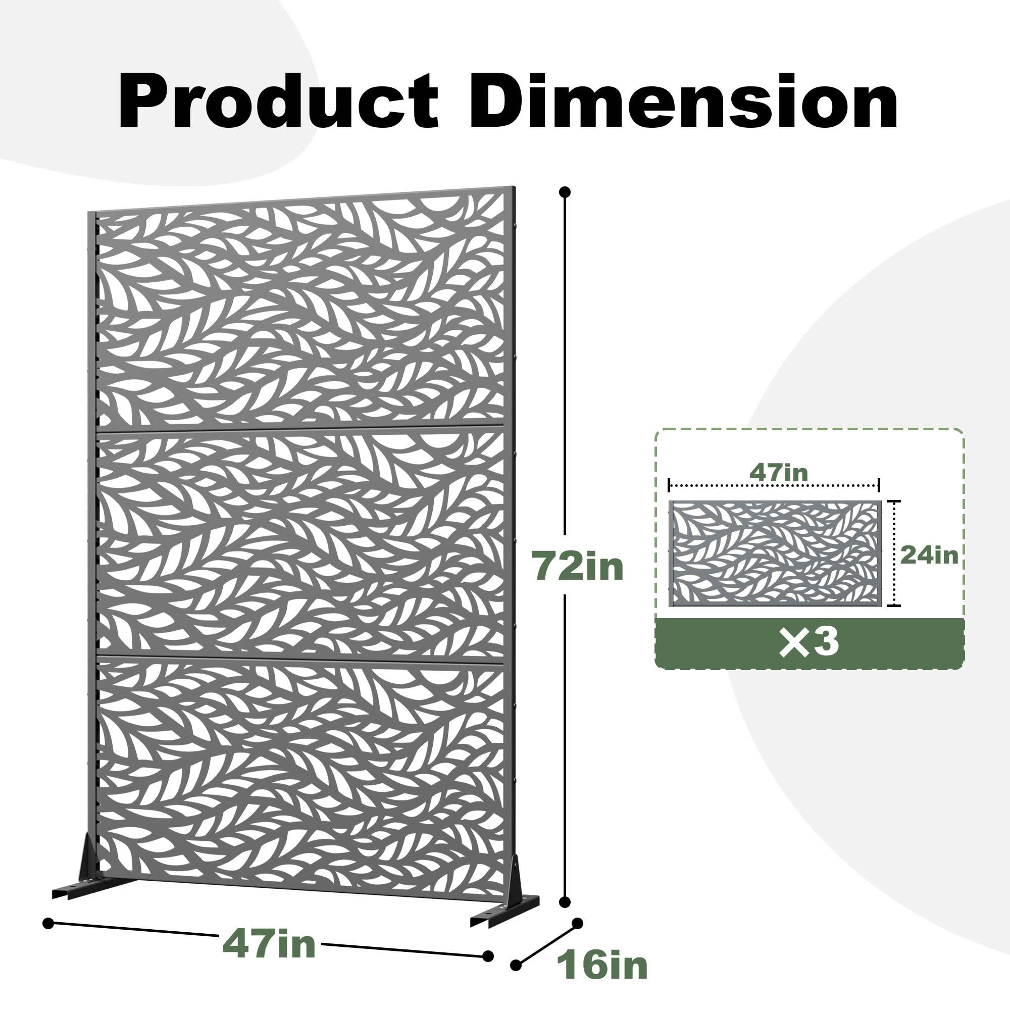 MAYEERTY Grey Rectangular Galvanized Metal Privacy Screen, Outdoor Garden Patio, 72×47×16in, 3 Panels