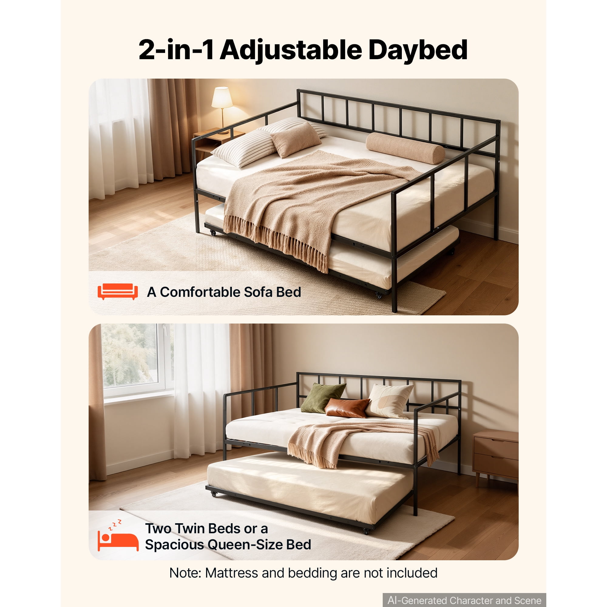 KFFKFF Full-Size Daybed with Pop-Up Trundle Twin Metal Frame, Ideal for Living Room, Bedroom, Durable Metal Construction, Space-Saving Design, Includes 2 Lockable Casters, Simple Assembly, Black