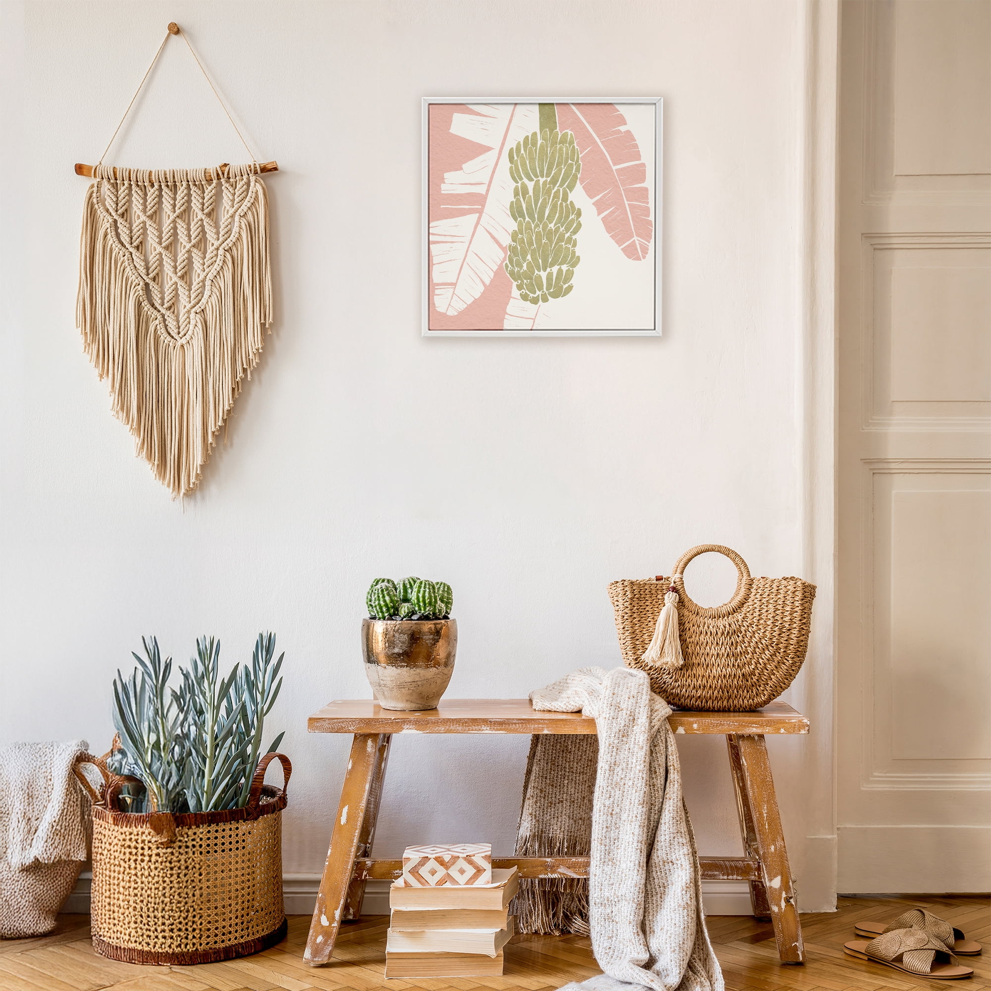 Stupell Industries Banana Bunch Amid Pink Leaves White Framed Giclee Art, design by Yuyu Pont