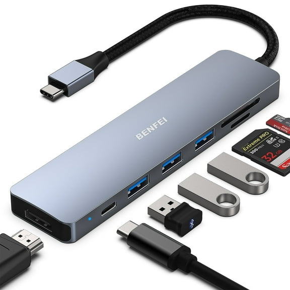 BENFEI USB C HUB 7-in-1 with HDMI(4K@60Hz,Certified), 100W Power Delivery, 3*USB 3.0, SD/TF Card Reader(160MB/s)