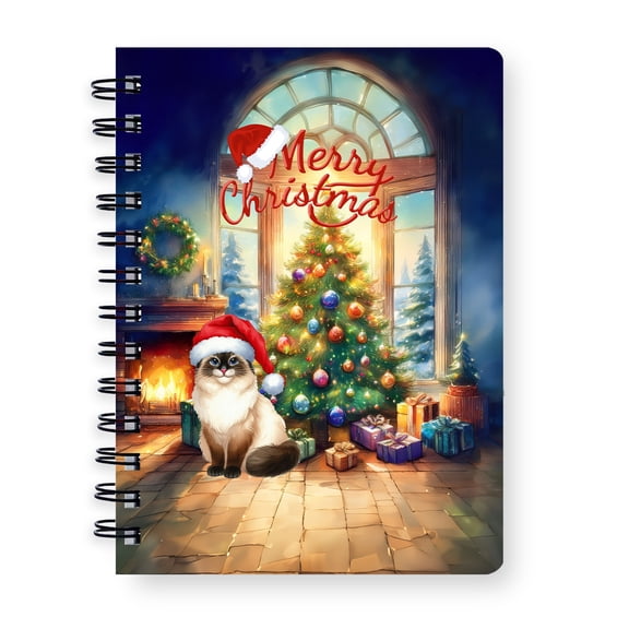 Merry Christmas Siamese Santa Hat Xmas Tree Winter Holiday Spiral Bound Journal Cat Lover Kitten Owner Gifts 5x7in Spiral Notebook - 01013