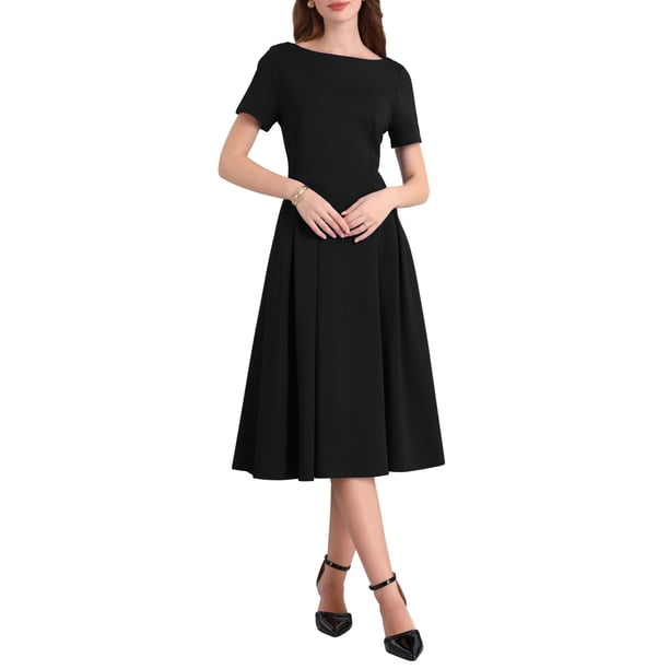 Vestidos de cuello barco para mujer INSPIRE CHIC 2025, vestido midi de corte A para ocasiones elegantes y casuales, L negro