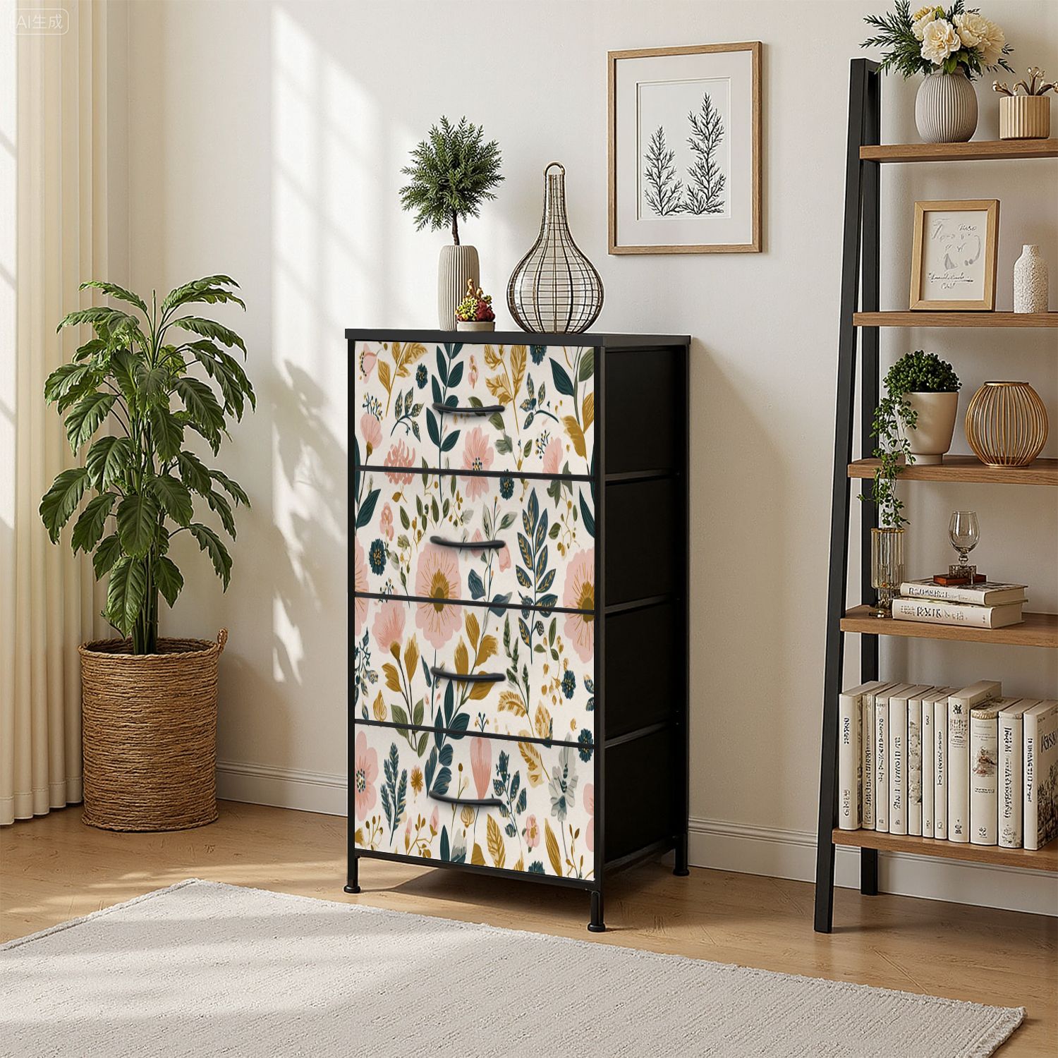Vintage Dresser for Bedroom with 4 Storage Drawers Seamless Botanical Floral Pink Flowers Green Leaves Cream Dressers Chest of Drawers Steel Framed Fabric Closet Organizers for Nursery Entryway
