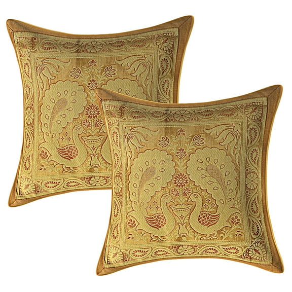 Stylo Culture Ethnic Couch Throw Pillow Covers 12 x 12 Jacquard Beige Gold Square 30 x 30 cm Home Decor Brocade Peacock Zippered Cushion Covers | Set Of 2
