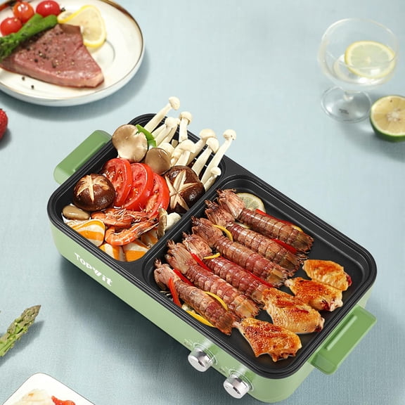Topwit Hot Pot Electric with Grill, 2 in 1 Indoor Non-Stick Electric Pot and Griddle for Korean BBQ, Steaks, Shabu Shabu and Noodles, Independent Dual Temperature Control, Fast Heating, Green