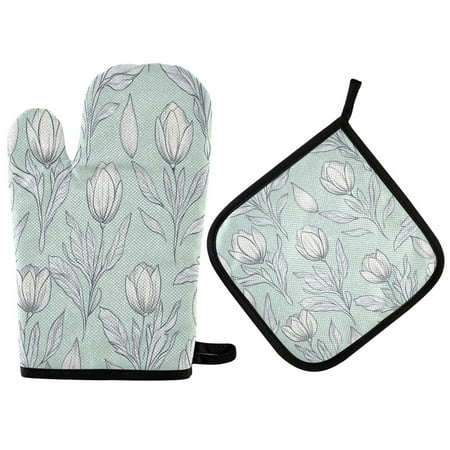 

2pcs kitchen insulation gloves Oven Mitts and Pot Holders Sets Heat Resistant kitchen insulation pad Pattern with Hand-drawn Tulips