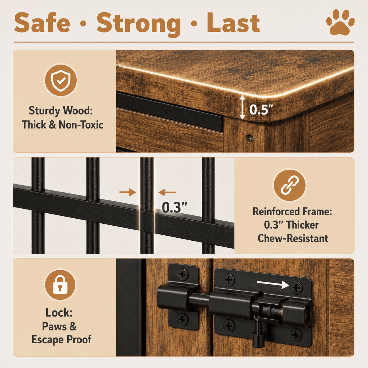 Aukfa 38.6-Inch Large Dog Crate Furniture, Indoor Dog Kennel Decorative Pet Cage End Table, Lift-Up Door, Curtain & Wheels,Rustic Brown
