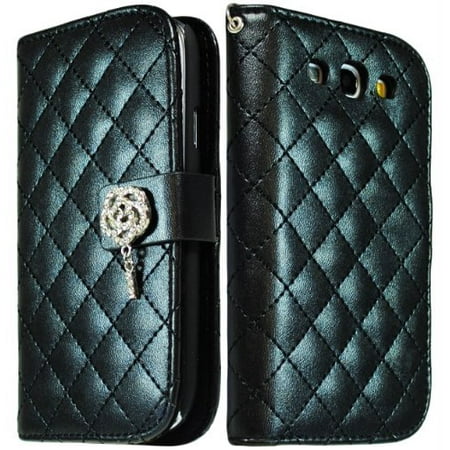 Bling Cover For Galaxy S3 Bastex Black PU Leather Wallet Flip Case with Silver Flower Bling Cover for Samsung Galaxy S3 i9300 ()