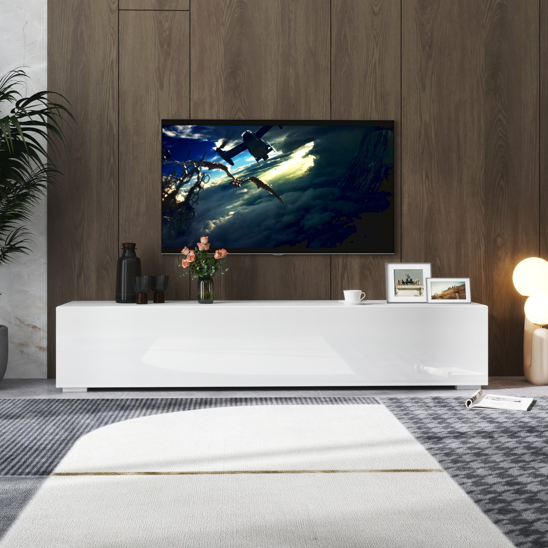 Modern Floating TV Stand with Generous Drop-Down Storage Cabinets, Large Top Surface for Display, Durable Particle Board and MDF Construction, 62.99 Inch Wide, White Finish