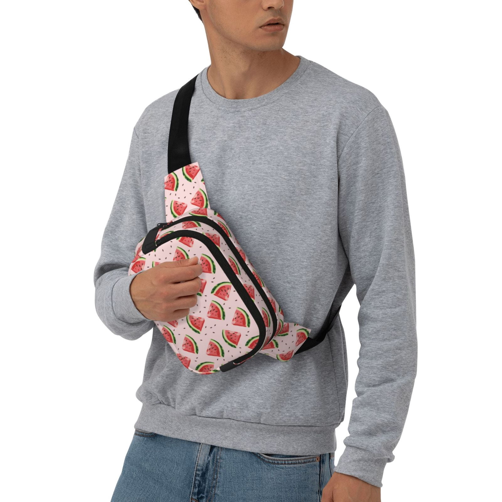 Picia Hand Drawn Watermelon Print Square Double-Layer Waist Bag Mini Adjustable Waist Belt Bag Exercise Running Travel Hiking