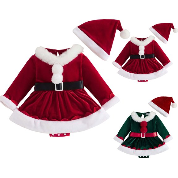 Pandaie Newborn Baby Girl Christmas Outfit 0 3 6 9 12 18 Months Plush Velvet Long Sleeve Red Romper Dress with Santa Hat Xmas Cute Fall Winter Clothes