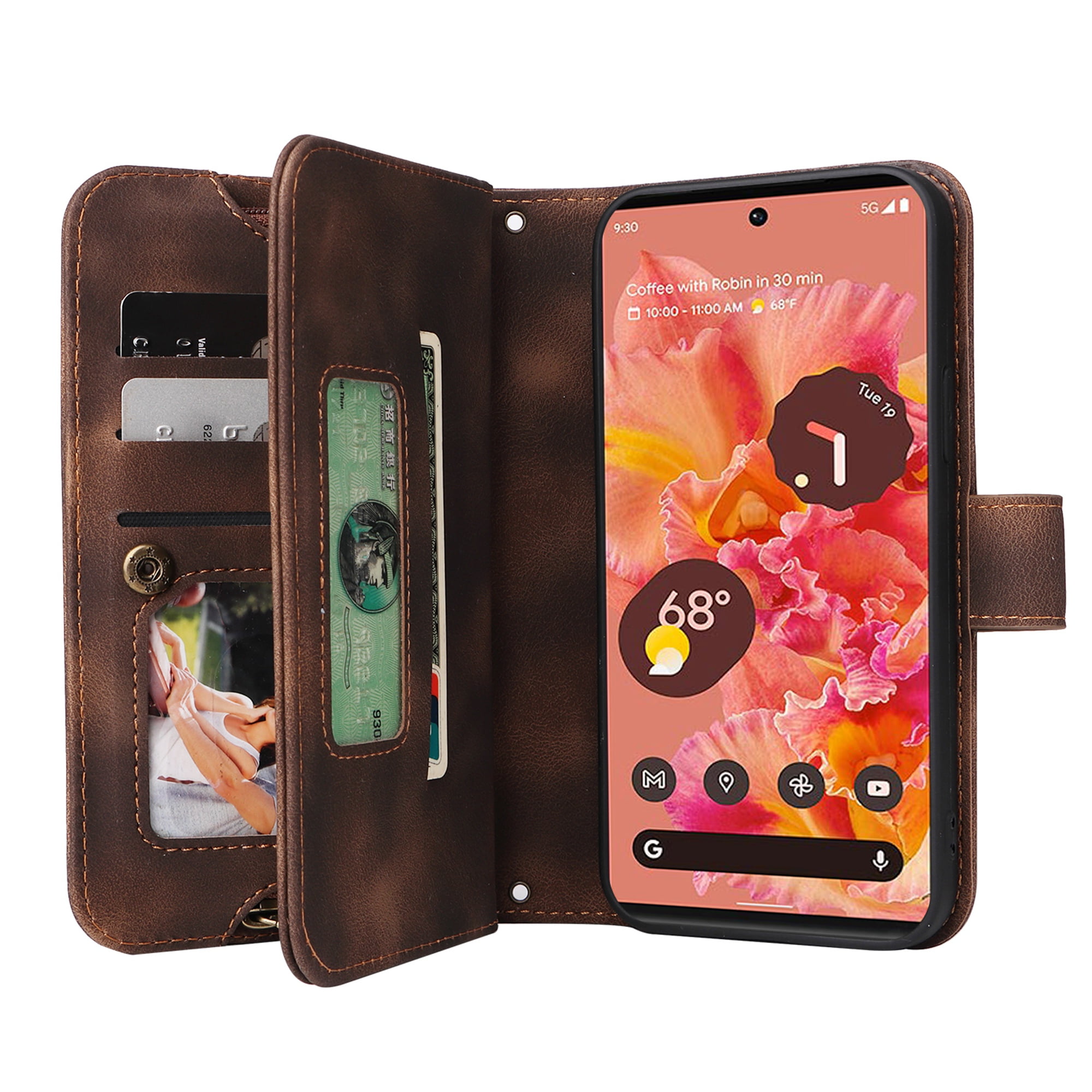Dteck Crossbody Wallet Magnetic Phone Case for iPhone 13, Premium PU Leather Handbag Zipper Pocket with Lanyard Shoulder Strap Wristlet Folio Flip Case for Apple iPhone 13,Brown