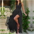 thumbnail image 4 of RYRJJ Tiered Tulle Prom Dress for Women Elegant Evening Maxi Dresses Halter V-Neck Formal Party Ball Gowns with Slit(Black,L), 4 of 9