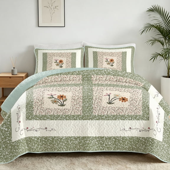Davulos Bedspreads for King Size Bed,3 Pieces Lightweight Ditsy Floral Patchwork Quilt Set,Soft Microfiber Botanical Coverlet Bedding Sets All Season