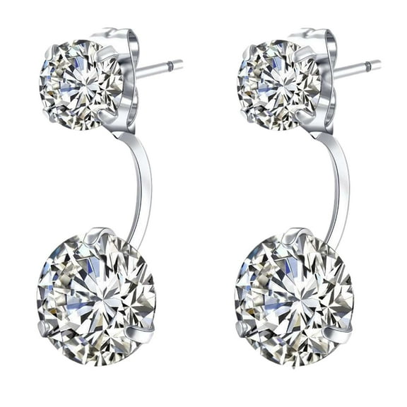 Fiaya Women Shiny Double Ball Earrings for Women, Zircon Front Back 2 in 1 Stud Earrings, Ladies' Fashion Jewelry Gifts (Silver)