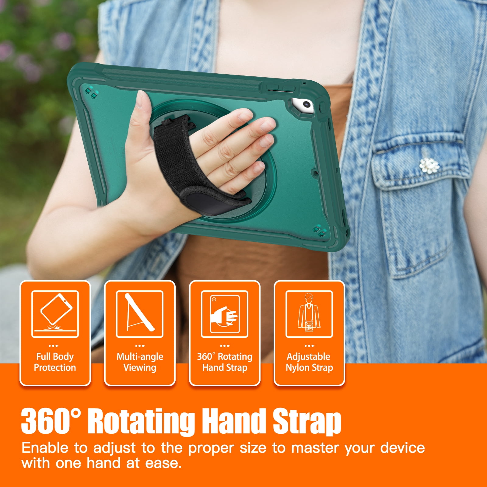 Dteck Case for iPad Air 2/iPad Pro 9.7"/iPad 5th/6th Generation,Military Grade Shockproof Silicone Protective Cover 360° Rotatable Stand- Shoulder Strap- Handle- Pencil Holder,Darkgreen