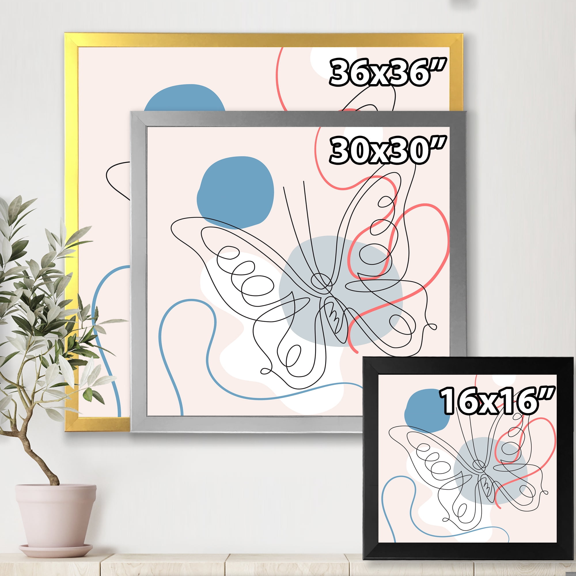 Designart 'One Line Butterfly Drawing On Cubism Shapes III' Modern Framed Art Print
