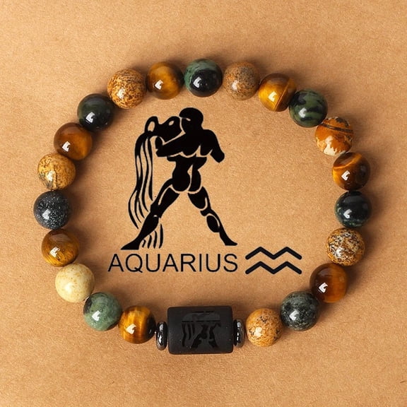 Twelve Constellations Natural Tiger Eye & Picture Jasper & Rhyolite Jasper Round & Column Beaded Stretch Bracelets for Women Men with Gift Card Aquarius 2-3/8 inch(6cm)