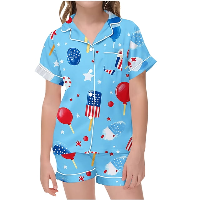 Odeerbi 2-12 Años Niños Niñas Pijama de Verano de Satén Con Solapa de Muesca Camisas de Manga Corta Pantalones Cortos Conjunto de Dos Piezas de Pijama Con Estampado
