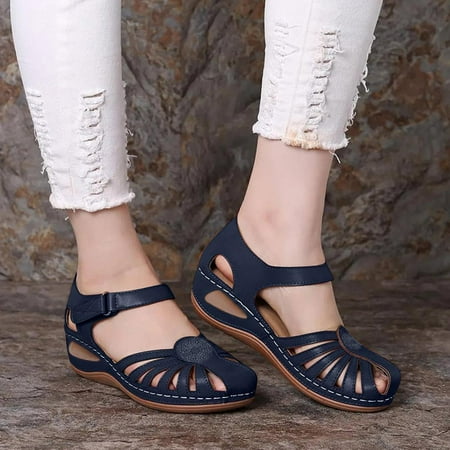 

Homedles Sandals Women- Summer Ladies Shoes Wedge Heel Retro Hollow Out Casual Sandals Dark Blue 37