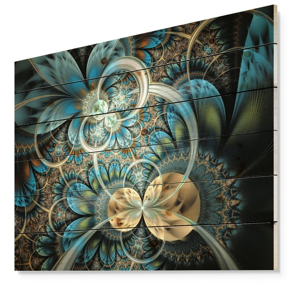 Designart 'Symmetrical Gold Blue Fractal Flower' Abstract Print on Natural Pine Wood