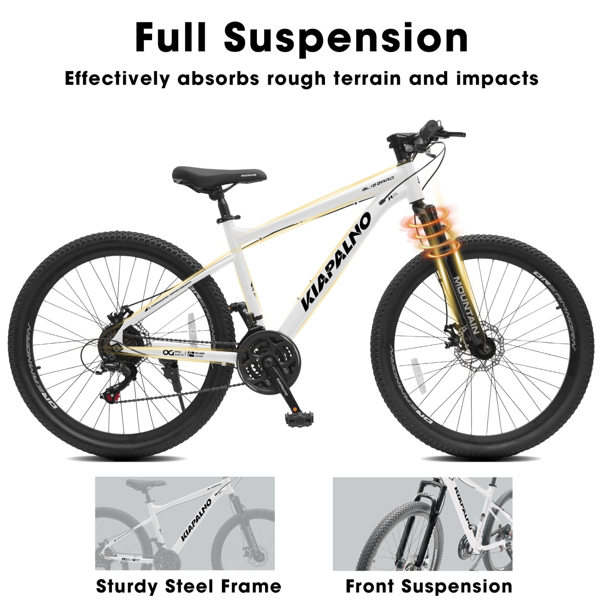 26 Inch Mountain Bike with 21-Speed, High-Carbon Steel MTB Bicycle with Dual Disc Brakes and Ergonomic Seat for Men Women Adult, White