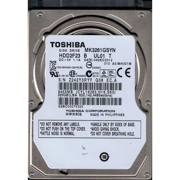 MK3261GSYN HDD2F23 B UL01 T F/W: A0/MH001M Toshiba 320GB