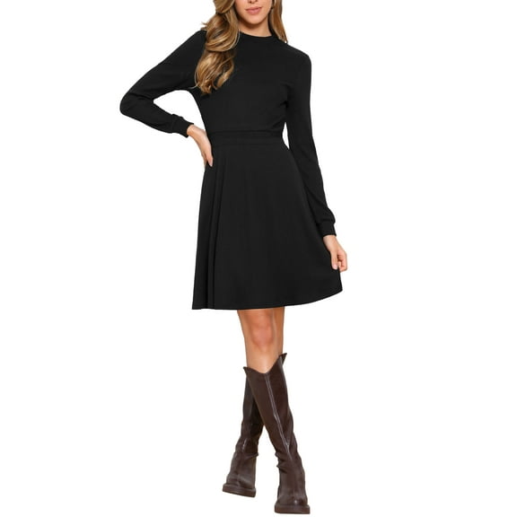 INSPIRE CHIC Long Sleeve Dress for Women's Casual 2025 Crew Neck Ribbed Knit Textured Sweater Dresses XS Black