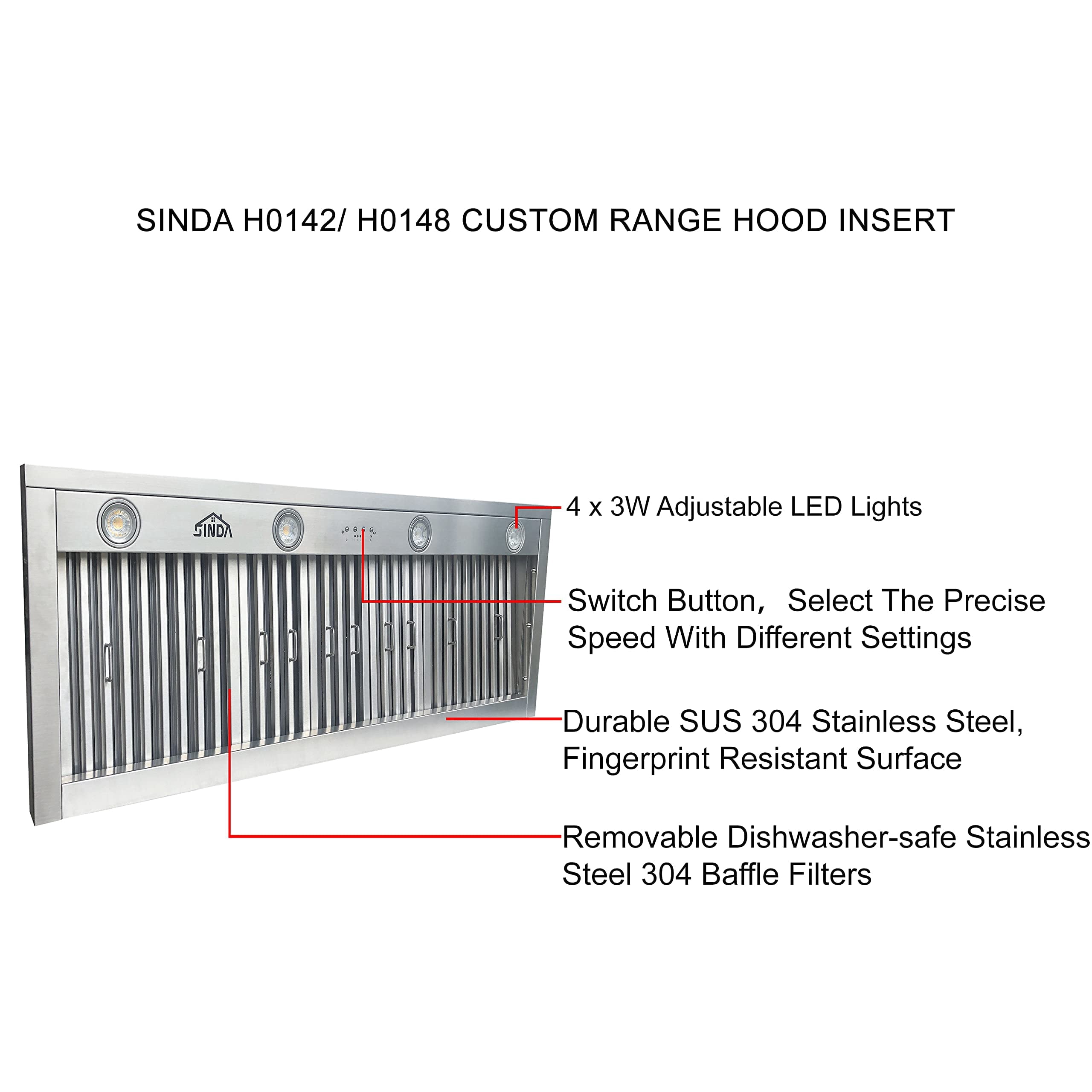 SINDA 48 Inch Built-in Range Hood Insert/Liner , 1150CFM in Stainless Steel