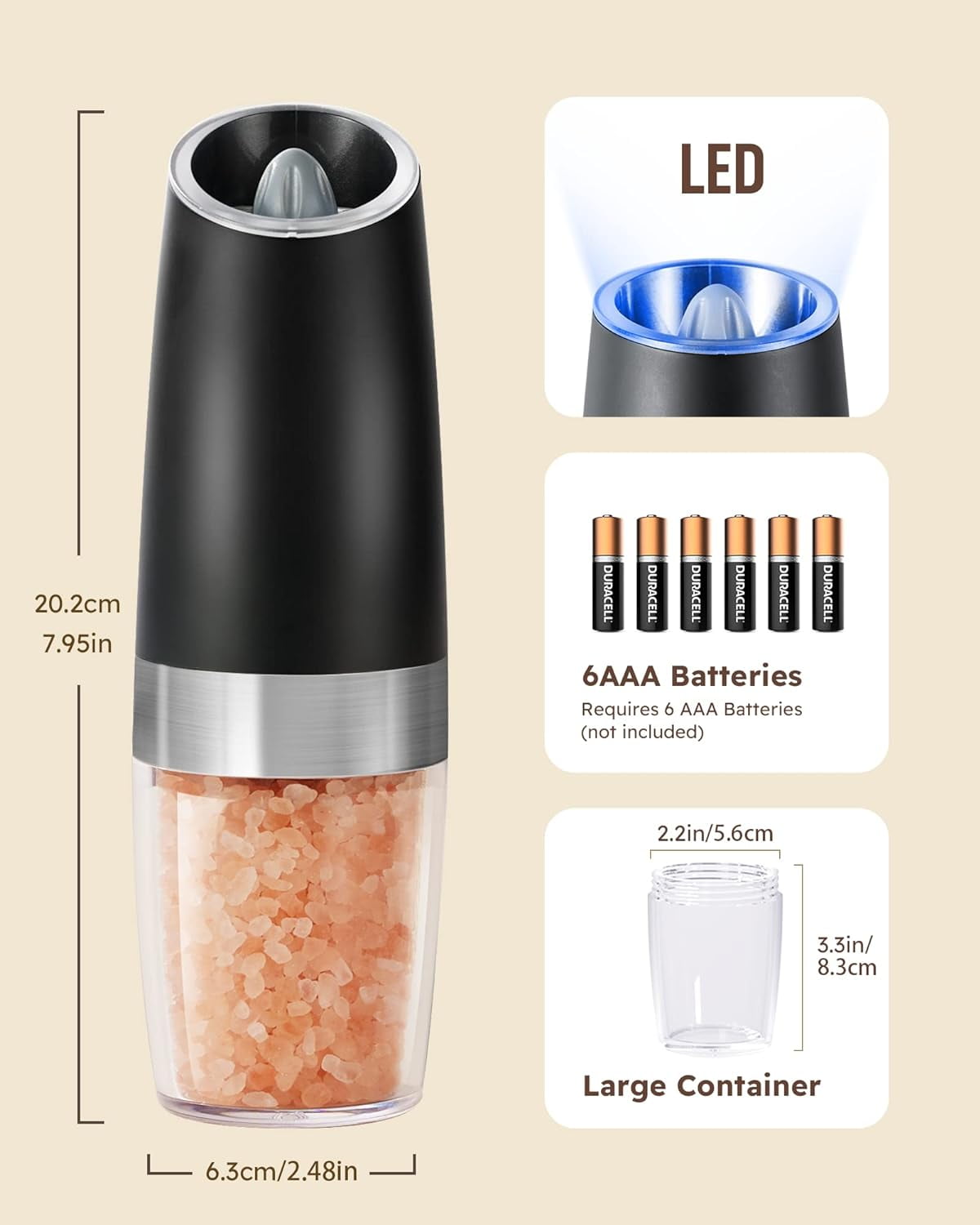 2 Pack Gravity Electric Salt and Pepper Grinder Set Automatic Battery Powered Salt Mill, Adjustable Coarseness, with Blue LED Light