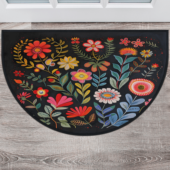 CURLYOOT Boho Floral Half Round Door Mat 40'' x 63'', Indoor Outdoor Entrance Rug, Semi Circular Area Rug, Non Slip Washable Absorbent Doormat, Flowers Laundry Room Rug